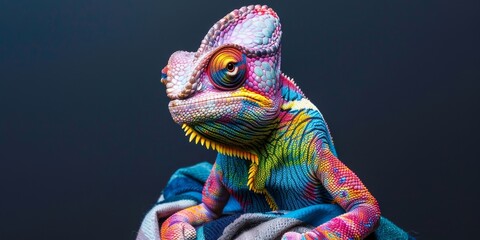 Obraz premium A brightly colored chameleon is sitting on a branch