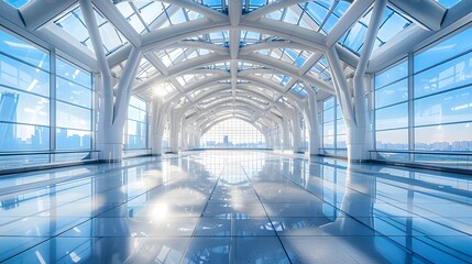 A panoramic view of the ceiling inside an airport, featuring symmetrical geometric shapes and metal frame structures that create reflections on polished floor tiles.