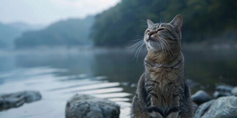 Obraz premium A cat is sitting on the rocks near the river and looking into the distance.