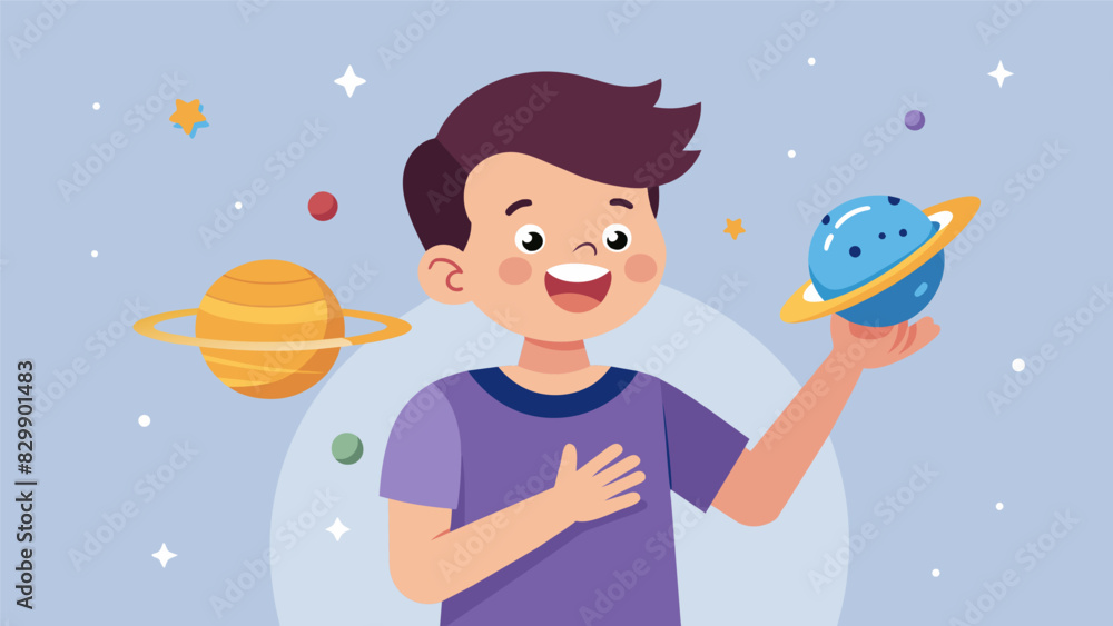 Poster an excited student showing off their 3dprinted model of the solar system prepped and ready for displ