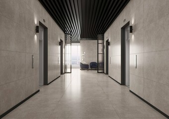 Luxury bright office interior of lift area with white marble on floor and walls, black roof. 3D Illustrations 3D Rendering