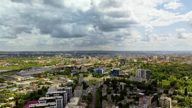 Aerial drone view of Pelinia, Drochia, Moldova with a cloudy sky