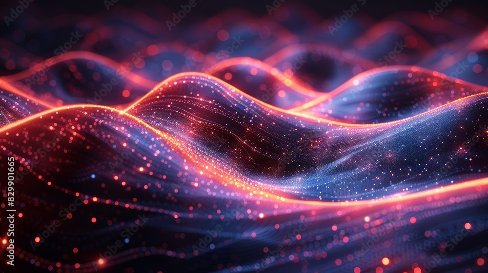 Poster a visually striking graphic of a wavy particle stream with a depth of field, perhaps depicting sound