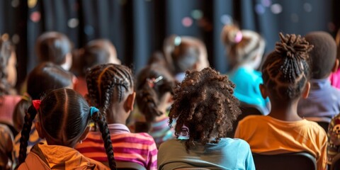 Obraz premium A group of children are sitting in a theater watching a performance.
