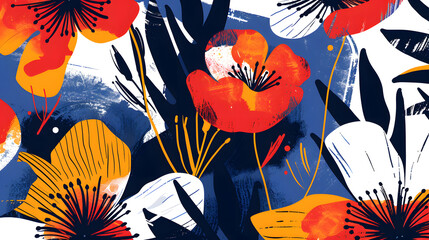 Bold graphic abstracted flowers botanical floral pattern. Modern abstract flower illustration. Generative AI.
