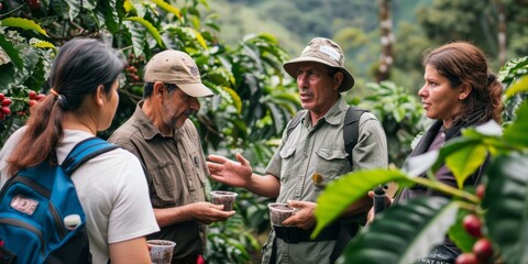 A group of coffee farmers inspect their crop