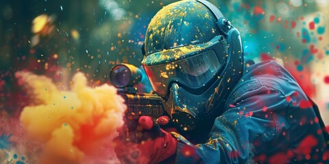 A man is playing a paintball game. He is wearing protective gear and shooting a paintball gun. The background is a forest.