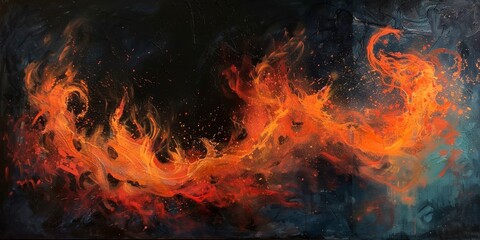 Fototapeta premium Abstract painting. Bright orange and yellow hues dance across the canvas, evoking a sense of movement and energy. Perfect for adding a touch of drama to any room.