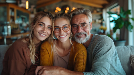 Obraz premium A heartwarming portrait of a grandfather with his arm around two smiling young women, all wearing glasses