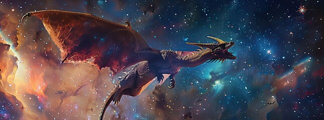 Capture a majestic, mythical dragon elegantly soaring amidst galaxies in a panoramic view, blending cosmic wonders with ancient legends, using unexpected camera angles