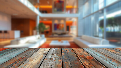 Empty wooden table top in front of a blurred background, showcasing a stylish office meeting area,...