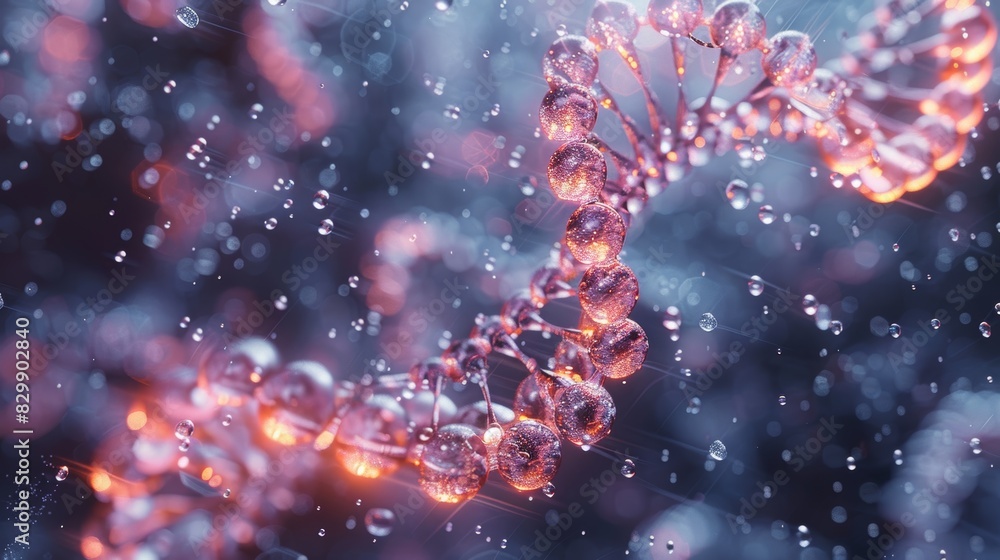 Poster a close-up view of a glowing dna helix with sparkling light effects represents science and genetics