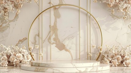 elegant marble podium with golden frame and floral decorations 3d product display render