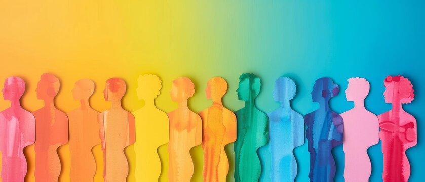 Colorful silhouettes of diverse human figures in a row, representing diversity, unity, and solidarity against a gradient rainbow background.