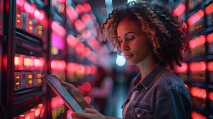 An astute tech professional analytically checks tablet data in a server room full of LED lights and equipment