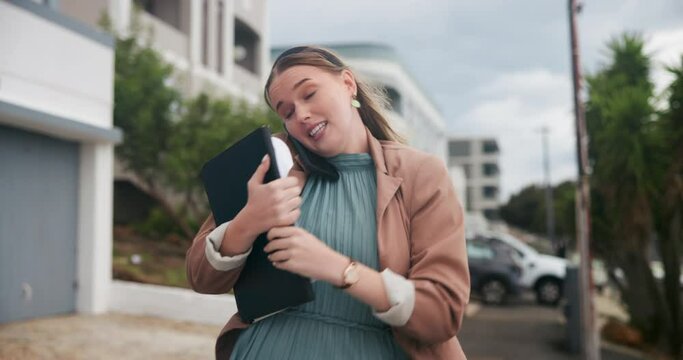 Woman, phone call and late for business and outside, assistant and rush with documents for work errand. Speaking, smartphone and conversation or check watch or time, appointment and meeting with boss