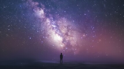 Fototapeta premium Person, standing, stars, gazing, Milky Way, awe, wonder, vast, open space, infinity, soft, glow, starlight, face, surreal, cosmic, landscape, dreamy, atmosphere, night, sky, vastness, looking, admirat