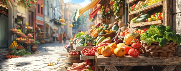 3D rendering of colorful vegetables and fruits on wooden stands in front of the village store. The sun is shining, creating an atmosphere of joy around, and it feels like you can smell fresh food from