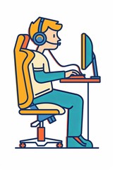 A man is sitting at a desk with a computer and a headset on