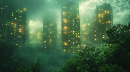 Obraz premium Cinematic image of an urban forest under a rainy night, with glowing windows amidst dense foliage
