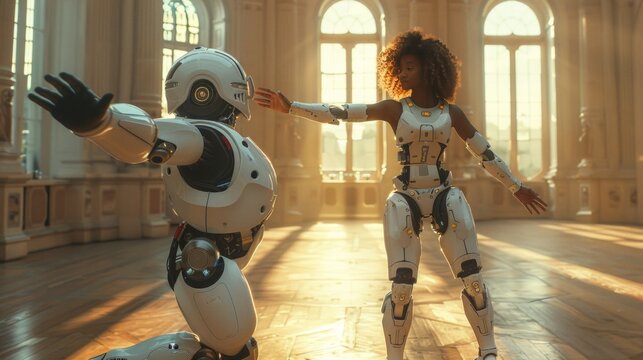 A depiction of a young woman engaging in a dance with a humanoid robot within an ornate, sunlit hall - Powered by Adobe