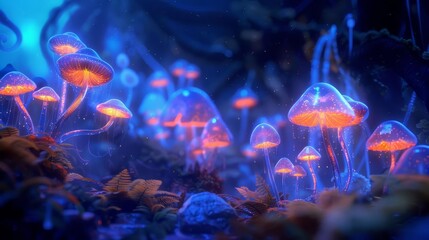 enchanting tiny mushrooms in a futuristic technologyinspired fantasy world whimsical nature meets science illustration