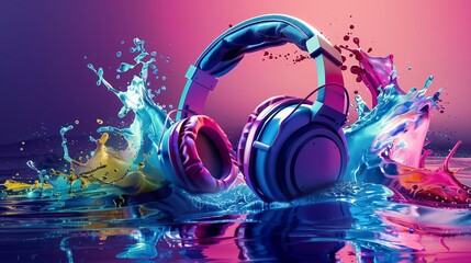 energetic colorful splash with stereo headphones ready for music party 3d illustration