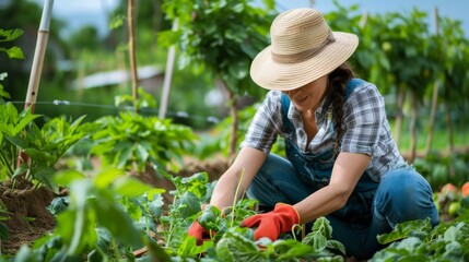 Whimsical Woman With Hat Kneeling In Blooming Garden