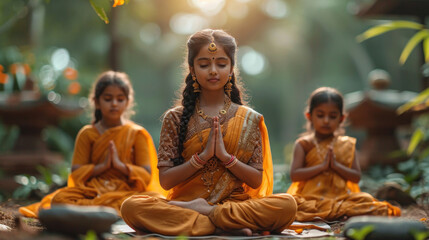 Three children in traditional Indian attire meditate peacefully outdoors, reflecting spirituality and tranquility