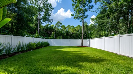 A photo shows a white vinyl fence around a backyard with green grass, trees and a blue sky.