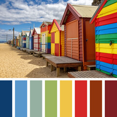 Colourful wooden beach huts on Brighton Beach, Melbourne. In a colour palette with complimentary...
