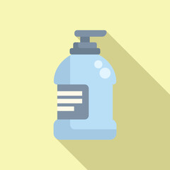 Flat design vector icon of a blue hand soap dispenser with shadow on a beige background