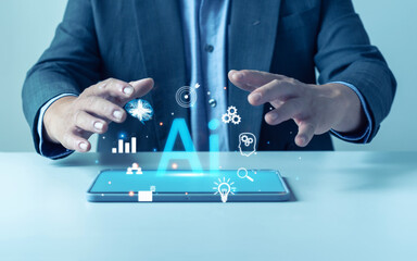 Businessman show virtual graphic Global Internet connect, Artificial Intelligence, using command. Chatbot for generates something, Futuristic technology transformation chatbot Chat with AI.