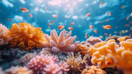 A colorful underwater shot featuring a lively coral reef with fish swimming around in clear blue water
