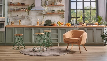 Contemporary Culinary Comfort: Modern Kitchen Design with Stylish Armchair"
"Sleek and Inviting: Armchair Accents in a Modern Kitchen Interior"