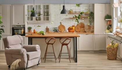 Contemporary Culinary Comfort: Modern Kitchen Design with Stylish Armchair"
"Sleek and Inviting: Armchair Accents in a Modern Kitchen Interior"