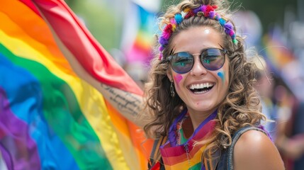 Celebrating Diversity at the Pride Parade - Happy Woman with Rainbow Flag in Background | Copy Space for Text