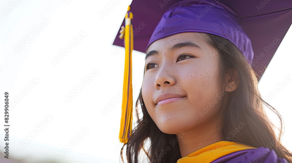 Canvas Prints Portrait of a smiling Asian girl wearing graduation clothes, tunic and purple cap.