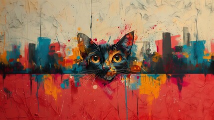 A whimsical, artistic portrait of a cat superimposed over a vibrant, abstract cityscape with expressive paint splashes