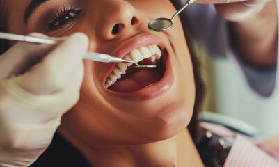 Smiling young woman sitting in dental chair in modern dental clinic 