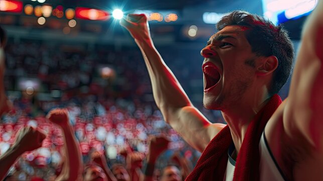 Exalted fan with his arms raised celebrating his team's victory, in the stands of the stadium.