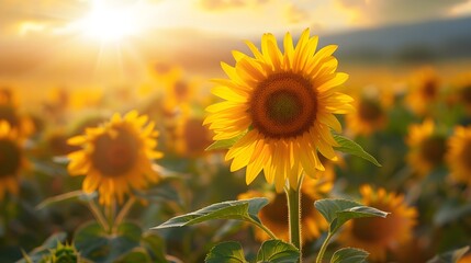 Fototapeta premium A sunflower field under the setting sun, with sunlight casting long shadows over vibrant yellow petals and green leaves.