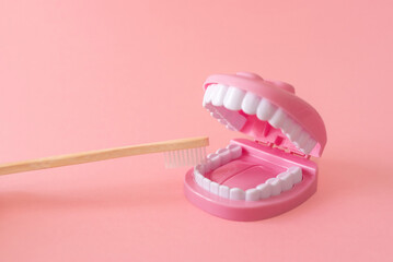 a bamboo toothbrush brushing white teeth on a pink dental model toy on pink background, dental care...