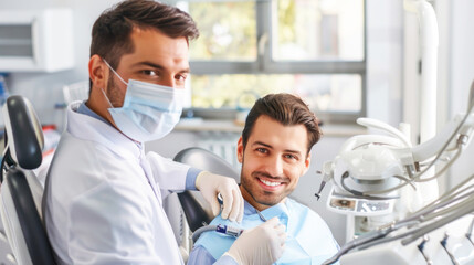 Obraz premium Smiling man sitting in dental chair in modern dental clinic 