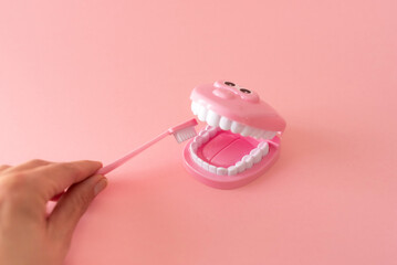 a human hand with a toothbrush showing how to clean the teeth on smiling dental model on pink...