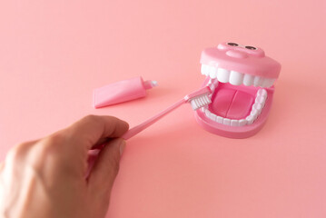 a hand with a toothbrush showing how to clean the teeth on dental model toy on pink background. Infant dental care and hygiene