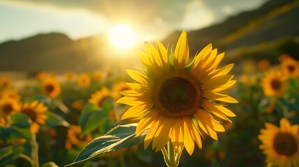 Obraz premium A sunflower field under the setting sun, with sunlight casting long shadows over vibrant yellow petals and green leaves.