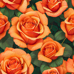 Seamless orange roses pattern, realistic illustration, wallpaper design. Generative ai