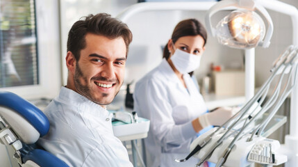 Fototapeta premium Smiling man sitting in dental chair in modern dental clinic 