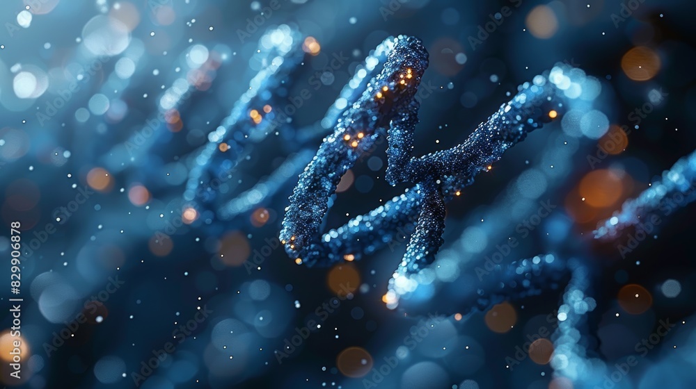 Poster close-up of a digitally rendered dna molecule with sparkling bio-luminescent elements on dark backgr
